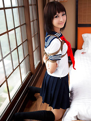 Shiryl Asian in school uniform is punished and tied in ropes